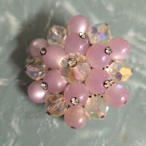 Vintage Elegant Pink and Silver Beaded Brooch